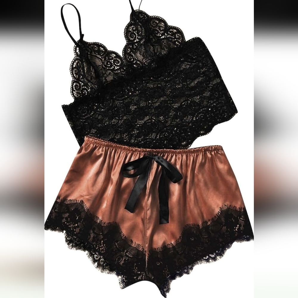 Elegant Black Lace Bralette and Bronze Satin Shorts Sleepwear PJ Set. Size 12. - Picture 2 of 7